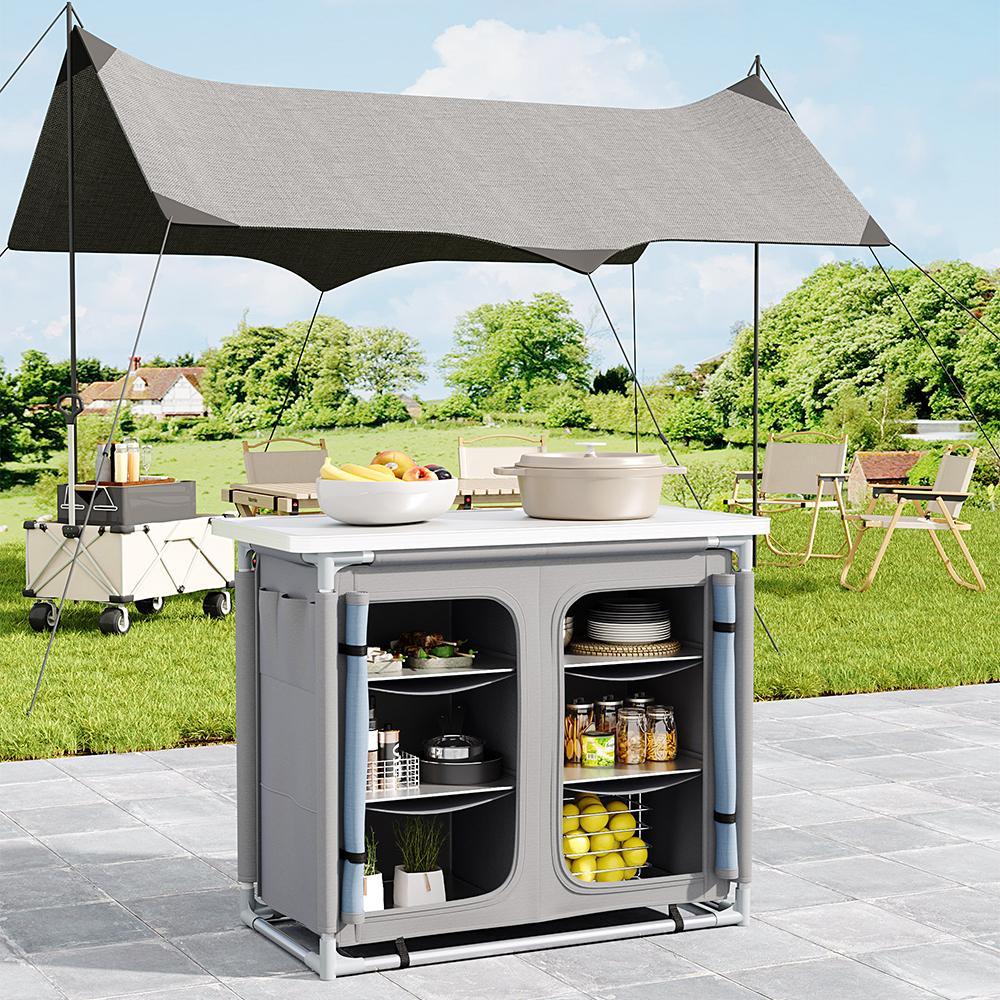 Grey Portable Outdoor Kitchen Table with Cupboard Storage – Foldable Camping Cooking Station
